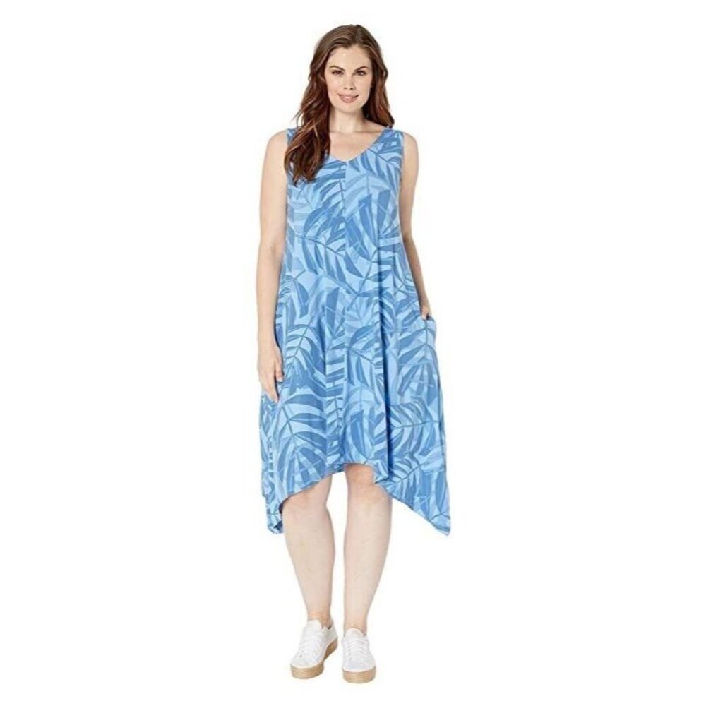Fresh Produce Blue Sleeveless Palawan Palm Lydia Asymmetrical Hem Dress Size S/M